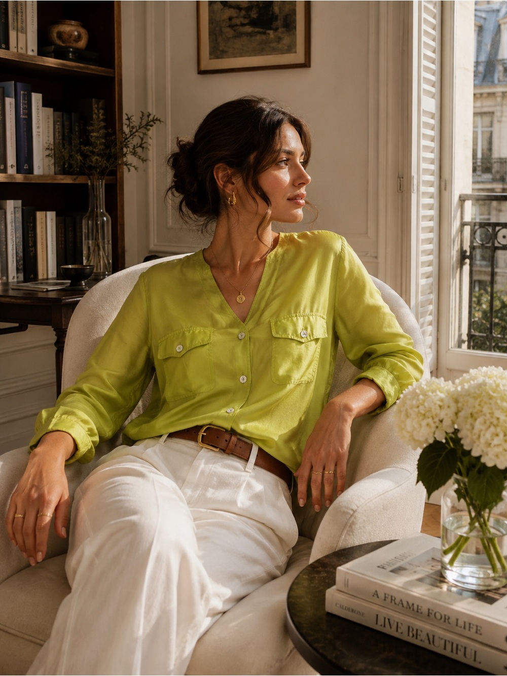 100% Silk Lime Green V-Neck Button-Front Blouse